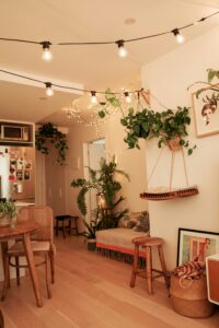 Salon convivial avec guirlandes, plantes et mobilier en bois